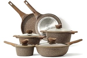 CAROTE Non Stick Pots and Pans Set, 10 Pcs Induction Hob Pans Set, Kitchen Cookware Set w/Frying Pans, Stockpots & Saucepan, PFOS, PFOA Free (Brown Granite)