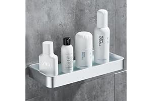 DUFU Shower Shelf Drill-Free & Damage-Free - Bathroom Shelf with Tempered Glass and Aluminium (25 cm, Silver) - Rustproof, Mildew Resistant, Removable - Wall Organiser for Bathroom
