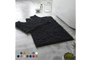 Lions Luxury 2 Piece Loop Bath Mats for Bathroom - Non Slip Chenille Bath Mat Set Rugs, Extra Soft with Water Absorbent Pedestal Bathmat Shower Toilet Mat, Black