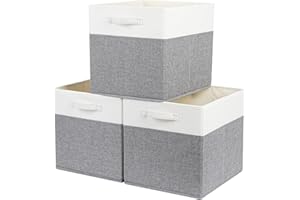 SOCOHOME Mangata Cajas de almacenamiento de 33 x 38 x 33 cm, cestas de almacenamiento de tela para cubos de ropa, cestas, cofres, juguetes (Gris/blanco, 3 piezas)