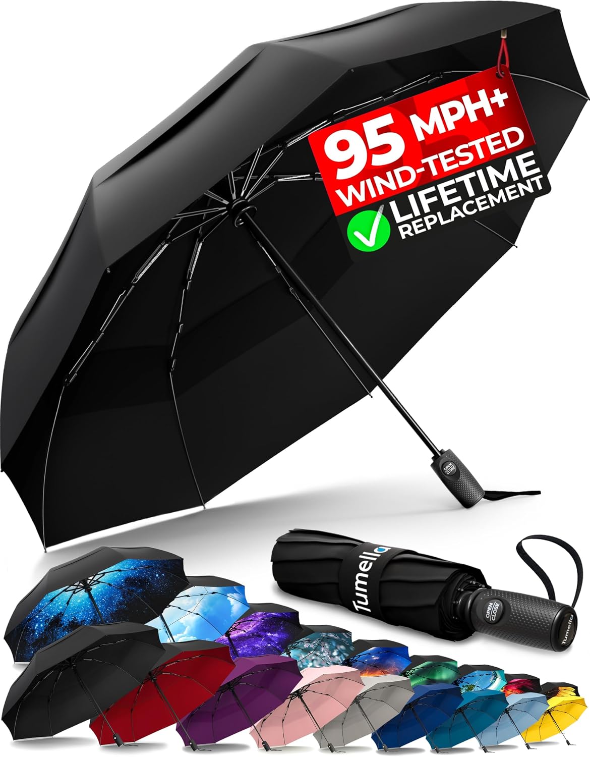 TUMELLA Strongest Windproof Travel Umbrella (Compact, Superior & Beautiful), Small Strong but Light Portable and Automatic Folding Rain Umbrella, Durable Premium Grip, Fits Car & Backpack Black