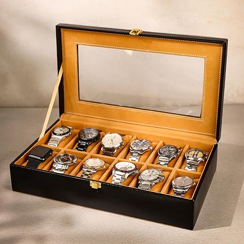 Birch & Co. Watch Box Organizer – 12 Slot Display Case with Glass Lid, PU Leather, Soft Velvet Interior – Elegant Storage for Men’s & Women’s Watches, Jewelry & Accessories – Gift-Ready Case, Black