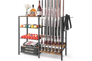 Bikoney Porte Queue de Billard, Râtelier pour 12 Queues avec Rangement Boules, Organisateur d’Accessoires pour Table de Billard, Porte-Queues Stable pour Salle de Jeu