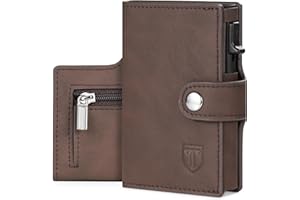 Tomylv Geldbörse Herren Slim RFID Schutz Leder Portmonee , Automatisches Popup Kartenetui Kreditkartenetui mit Banknotenfächer, Münzfach, Ausweisfenster und Geschenkbox – Braun