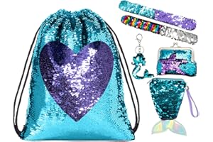 Wodasi Niña Mochilas de Lentejuelas, Lentejuela Mochila con Cordón con el Monedero y Pulseras y Monedero Sirena y Llavero de Sirena, Mochila Lentejuelas Niña Reversibles con Cordón Mochilas, 6 PCS