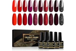 Shining She Vernis Semi Permanent Rouge, 10 Couleurs Rouge Bourgogne Rouge Foncé Paillettes Noir Gel UV Semi Permanent Soak Off UV/LED Vernis à Ongles Pour Salon De Manucure DIY Home, 8ml