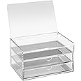OSCO Clear Acrylic 3 Drawer Chest with Flip-Up Lid | Pin Storage | Jewellery | Paperclips | Crayons | Short pens | Small Stationery | H10 x W19 x D14 cm |