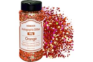 ‎HEMOER HEMOER Holographic Chunky Glitter, Orange 100g Chunky Pailletten Glitter, Craft Glitter für Harz, Gesicht, Nagel, Körper, Kunsthandwerk, Slime Festival Party Art, Glitzerpuder für Nägel Glitzer