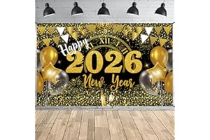 BIOECEUA 2026 Happy New Year Banner, Extra Large Fabric New Years Eve Black Gold Backdrop for Decorations, 72 x 44 Inch Photo Booth Background Banner for New Year's Eve Party Supplies Accessories