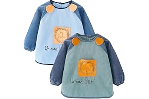 Happy Cherry - Bavoir Manches Longues Bébé pour Garçons Filles Tablier Imperméable Peinture Enfant pour École Maternelle 2 Pcs Bavette Repas Motif Mignon pour Manger Jouer à des Jeux - 1-5 Ans
