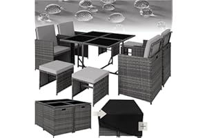 TecTake® Polyrattan Garden Furniture Set with Aluminium Base, Including 4 Dining Chairs, 1 Table, 4 Stools, Foldable Garden Lounge Set, For Up To 8 People, Patio Furniture - grey
