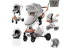 PROKOKE Sistema de Viaje 3 en 1 Cochecito de Bebé 3 en 1 Carrito con Capazo Silla de Paseo para Recién Nacido Cochecito de Viaje Portátil Plegable con Paisaje Alto de Lujo Real (225 Light Grey)