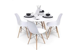 Homely - Conjunto de Comedor Nordic White 100 Mesa Redonda de MDF Lacado en Color Blanco de 100 cm y 4 sillas nórdicas Color Blanco