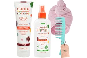 Kids Detangler and Curling Cream Bundle with Cantu Curling Cream 227g and Cantu Care for Kids Conditioning Detangler Spray 177ml and Ferwizz Hair Wrap and Comb