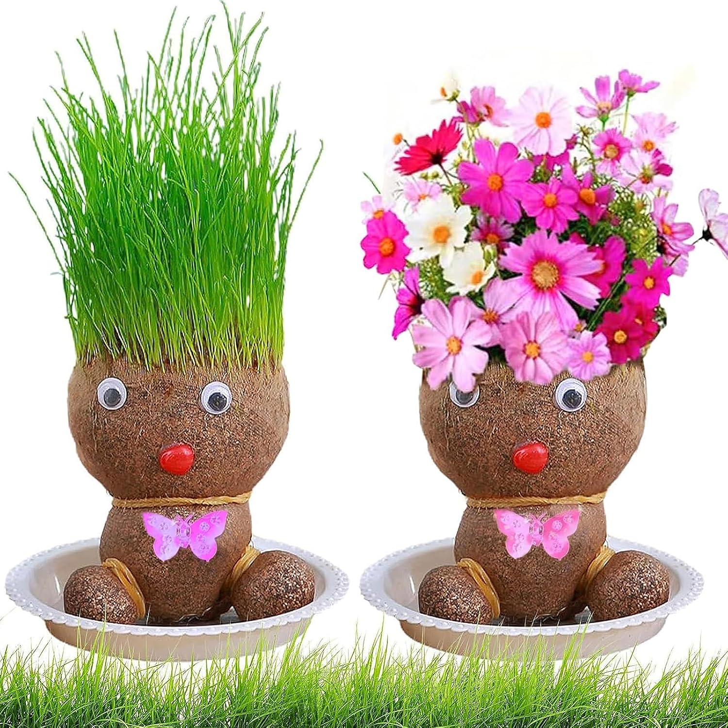 GmwyCzV 2 Piezas Planta de Muñeca con Cabeza de Hierba, Plantas Mesa Crecimiento con Bandeja, Maceta de Cabeza de Muñeca, Plantas en Maceta para Niños, Regalos de Crecimiento para Niños