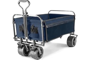 BedStory Folding Festival Trolley Cart With Brakes, Beach Trolley Cart With Adjustable Handle, Collapsible Camping Trolley on Wheels with Cargo Net & Drink Holders, Blue