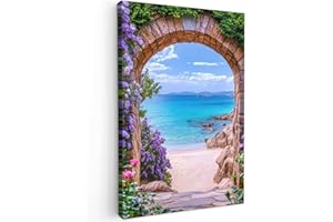MuchoWow© Canvas Wall Art 24"x35" / 60x90 cm Decor Paintings Prints framed on Canvas Decorations Wallart View - Sea - Rocks - Beach - Gate
