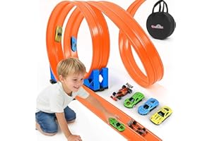 Dreamon Flexible Autorennbahn Kinder 3 4 5 6 Jahre - 5 Meter Rennbahn Rennstrecke Auto Spielzeug mit 4 Spielzeugautos 2 Rampen 1 Aufbewahrungstasche 4 Saugnäpfe Geschenke für Jungen und Mädchen