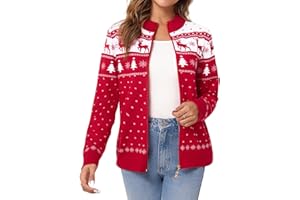 Sykooria Women's Christmas Knit Cardigans Casual Warm Open Front Sweater Reindeer Snowflake Print Zip Coats Jacket for Autumn Winter S-XXL
