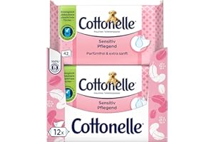 Cottonelle Feuchtes Toilettenpapier, Sensitive Pflegend - Parfümfrei, Biologisch Abbaubar, Plastikfrei, Wiederverschließbar, Vorteilspack, 12 x 42 Feuchttücher