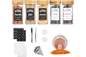 Ynudr 6 Spice Jars with Labels, 100ml Round Glass Spice Jars with Airtight Bamboo Lids and Shaker Lids, Cooking Spice Containers, Seasoning Jars Bottles Set for Spice Rack Cabinet Drawer