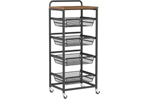 ‎VASAGLE VASAGLE Sevierwagen mit 5 Ebenen, Rollwagen mit herausziehbaren Körben, Küchenregal auf Rollen, Griff, 31,7 x 40 x 95 cm, vintagebraun-tintenschwarz LRC041K01