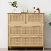 Armoire TV Chêne Et Buffet Rotin KOMHTOM - Meuble Salon Avec 2 Tiroirs, 2 Portes Et Compartiments Ouverts