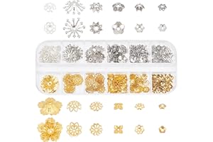 PH PANDAHALL PandaHall Elite 328pcs Capuchons de perles, 12 styles Casquettes de perles de fleurs Perles d'espacement Embouts de perles en laiton et alliage pour boucles d'oreilles bracelets colliers,or/argent