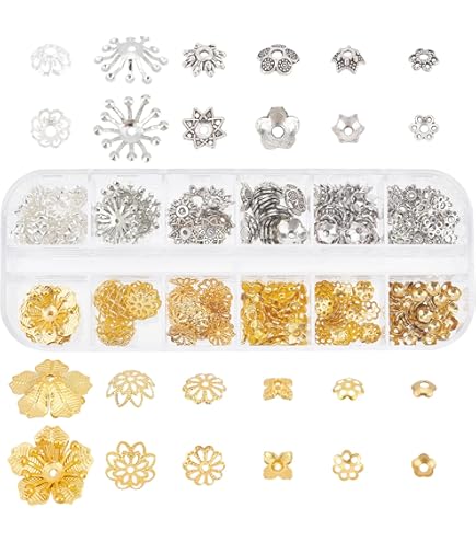 SUPERFINDINGS 100 Pezzi Terminali A Cono Tibetani Per Gioielli Fai Da Te - 2 Colori (Oro E Argento Antico) - 10x7mm, Foro 2mm