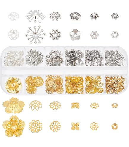 SUPERFINDINGS 100 Pezzi Terminali A Cono Tibetani Per Gioielli Fai Da Te - 2 Colori (Oro E Argento Antico) - 10x7mm, Foro 2mm