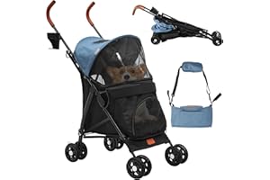 DWVO Hundewagen Hundebuggy für Hunde & Katzen bis 11,3 kg, Faltbar klappbar, Haustiere Buggy mit Kissen, Aufbewahrungskorb, Haustier-Kinderwagen 45,7x83x114cm, Katzenwagen (Blau Schwarz)