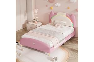 ‎MERAX Merax Kinderbett Polsterbett 90x200cm, Einzelbett für Mädchen, Bettgestell mit LED-Streifen, Lattenrost, Rückenlehne und Fußteil, Gepolstertes Kopfteil in Tierohrenform, PU, ohne Matratze, Beige&Rosa