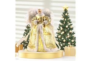 ‎TOWEBOORY Engel Weihnachtsbaumspitze, 32cm Weihnachtsengel Baumspitze Engel Christbaumspitze LED-Weihnachtsbaumspitze Indoor Weihnachtsdekoration mit Federflügeln für Weihnachtsbaum Party Home (Gold A)