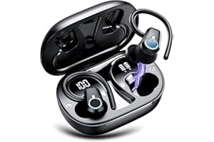 POOUNUR Wireless Earbuds, 2023 Wireless Earphones Bluetooth 5.3 Headphones Wireless, Over Ear Buds Wireless Earbuds with Earhooks, IP7 Waterproof 50H Stereo Wireless Headphones Sport, Dual LED Display, Black