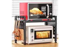 SAYZH Soporte Microondas Extensible, 2 Niveles estante microondas con 10 Ganchos, Soporte Para Microondas Para Encimera de Cocina, 40-70 cm, Negro