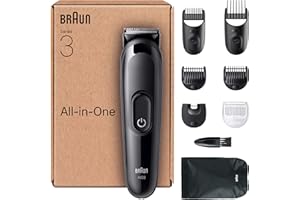 Braun Kit De Rasage Tout-En-Un Series 3 Avec Tondeuse Electrique Pour Hommes, 8-En-1 AIO3545, Noire, 14 Longueurs A Barbe, Coffret Avec 6 Sabots et Brosse De Nettoyage, Rasage Du Visage et Des Cheveux