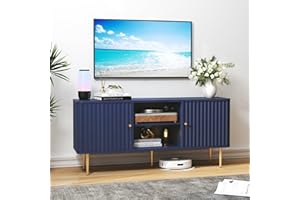 HOLTICO TV Stand Cabinet 55 Inch, Fluted Modern Wooden TV Console Unit with Storage and 2 Doors, Blue Cabinets for 55/60/65 Inch Television, TV Tables for Living Room, Bedroom