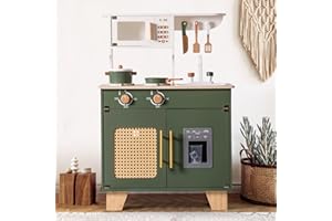 ROBUD Drewniany zestaw do zabawy dla dzieci, kuchnia z udawanym dozownikiem kostek lodu i akcesoriami, zabawka dla dzieci od 3 lat, prezent dla 3, 4, 5, 6 lat, zabawka dla dziewczynek i chłopców