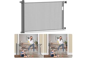 Kidsgigglz Barrière de Sécurité Rétractable, 150cm Barrières d’escaliers et Portes pour Bébé Chien, Barriere de Securite Enfant Enroulable, Entrées Tissu Mesh pour Escalier, Intérieur Extérieur, Gris