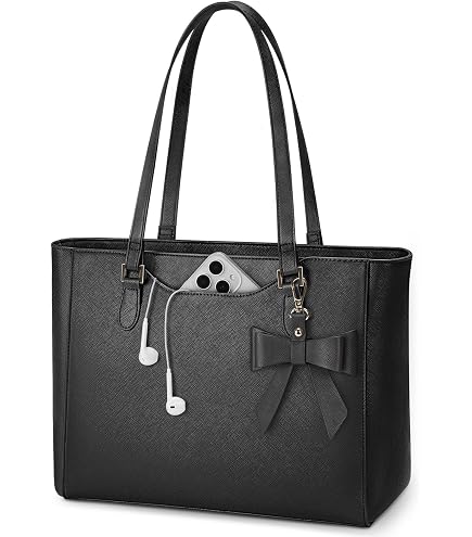 RASHKI CHIQUE Laptop Tote Bag For Women - 15.6 Inch Vegan Leather Office Bag, Detachable Adjustable Strap, Black