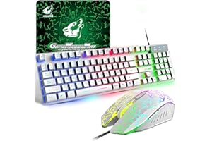 ZIYOU LANG T13 [Español QWERTY] Teclado y Raton Gaming RGB LED 104 Teclas para Teclado mecanico Sentir Gamer 2400 dpi retroiluminado Raton con Alfombrilla para PS5 PC Laptop Mac Accesorios Blanco