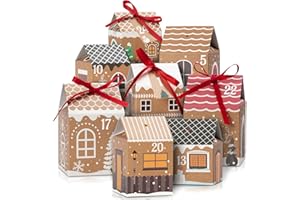 TIBOMUO Calendrier de l'Avent Vide à Remplir Soi Même, 24 Maisons de Calendrier de l'Avent avec Autocollants Numérotés, Rubans & Étiquettes, Boîtes Cadeaux de Calendrier de Noël DIY à Suspendre ou à Poser