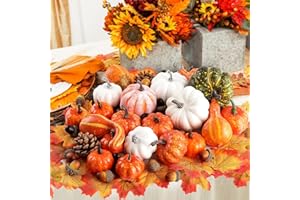 Benjia 102 szt. różne mini sztuczne dynie, jesienny zestaw dekoracji, małe sztuczne dynie, tykwa, liście klonu, szyszki sosnowe, żołędzie na jesienne żniwa, Święto Dziękczynienia, Halloween,