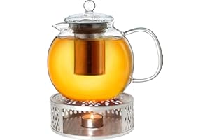 Creano Glass Teapot 1700ml with Warmer - Stovetop Safe Tea Kettle with Stainless Steel Infuser and Glass Lid, Ideal for Preparing Loose Teas - Drip Free
