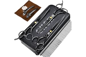CIICII Tijeras para Perros Profesional, 7.8" Juego de Tijeras Aseo para Perros (Canina/Gatos Tijeras Peluqueria Entresacar & Curvas) para Aseo Mascotas Bricolaje (Pesada Deber-9 Pcs-Negro)
