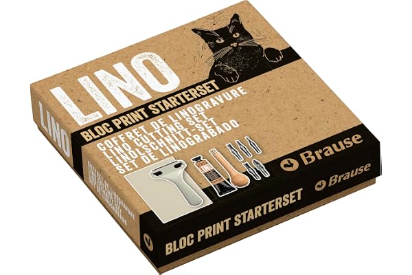 Brause 892B - Un coffret d'initiation à la linogravure comprenant un manche en bois, 5 gouges, un tube de peinture, une palette, une plaque de linoléum A6, un extracteur de gouge et un rouleau