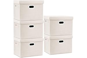 TYEERS Large Storage Box with Lid, Collapsible, Washable, Fabric Storage Box for Clothes, Wardrobe Storage, 44x30x29 cm, Set of 5, Beige