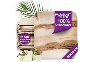 ‎WAIPUR Waipur Bio Palmblatt Teller - 25 Stück groß eckig 25x25 cm - Premium Einweggeschirr kompostierbar - Umweltfreundliches Palmblatt-Geschirr - ähnl. Bambus-Teller Einweg