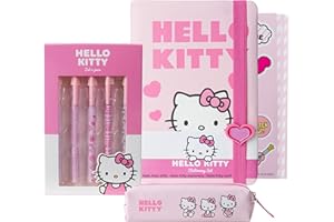 Get Trend Hello Kitty Sanrio Set Cancelleria con Quaderno Diario Penna a Sfera Astuccio Matite Stickers Anime Materiale Scolastico e Ufficio (Rosa Hello Kitty)