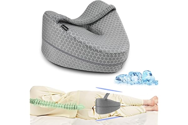 LITSPOT Knäkudde Ergonomisk av Minnesskum, Grå Stor 26x28x17cm | Sidosovkudde med Elastiskt Band, Stödjer Ben, Knän, Höft & Gravida, Tvättbart Svalkande Överdrag, CertiPUR-US and OEKO-TEX